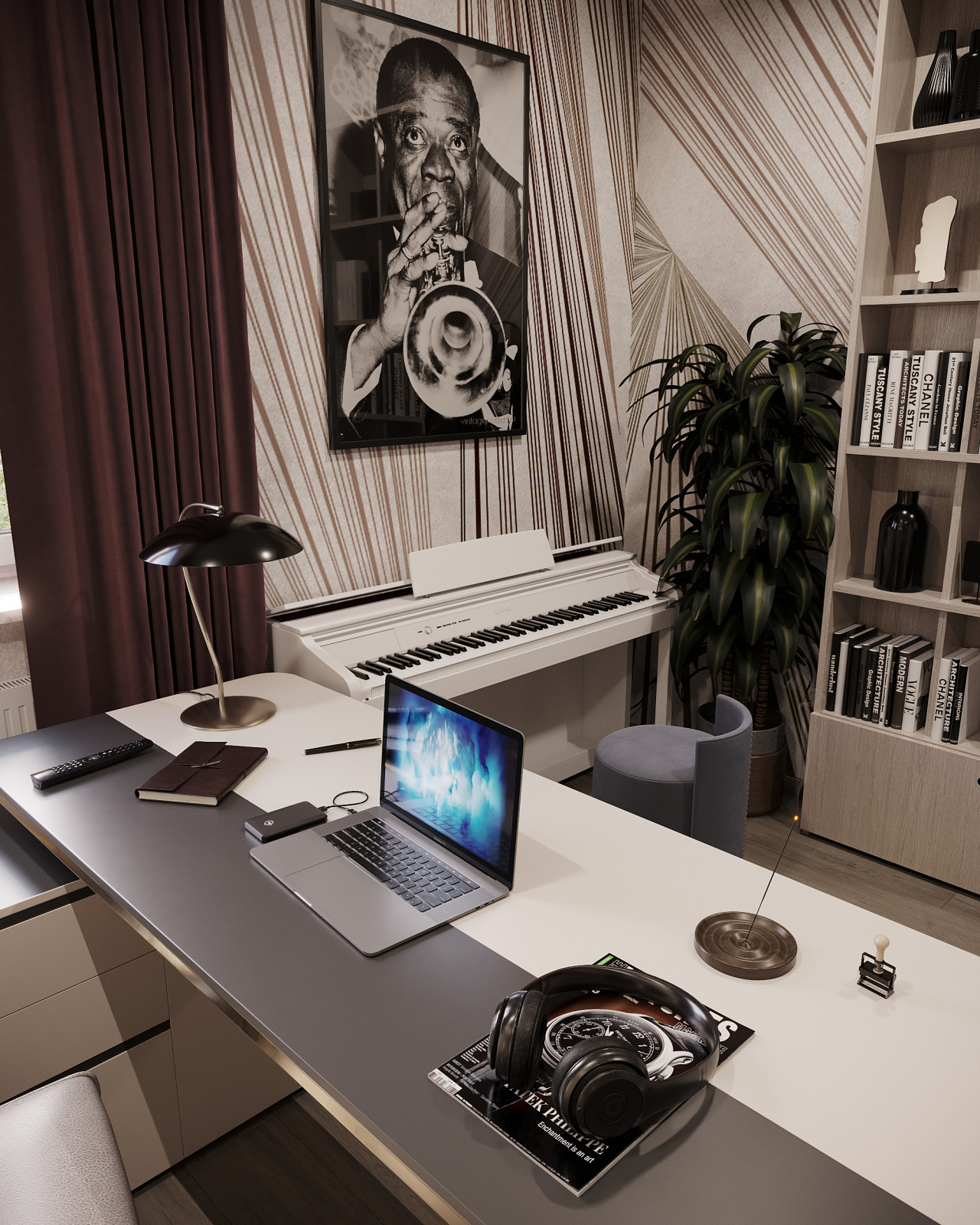 Дизайн и 3д-визуализация кабинета в загородном доме. Вариант 1.