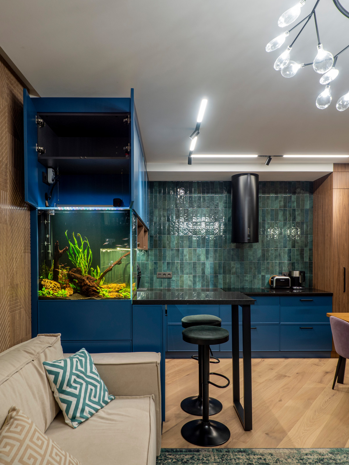 Кухня в современном стиле со встроенным аквариумом