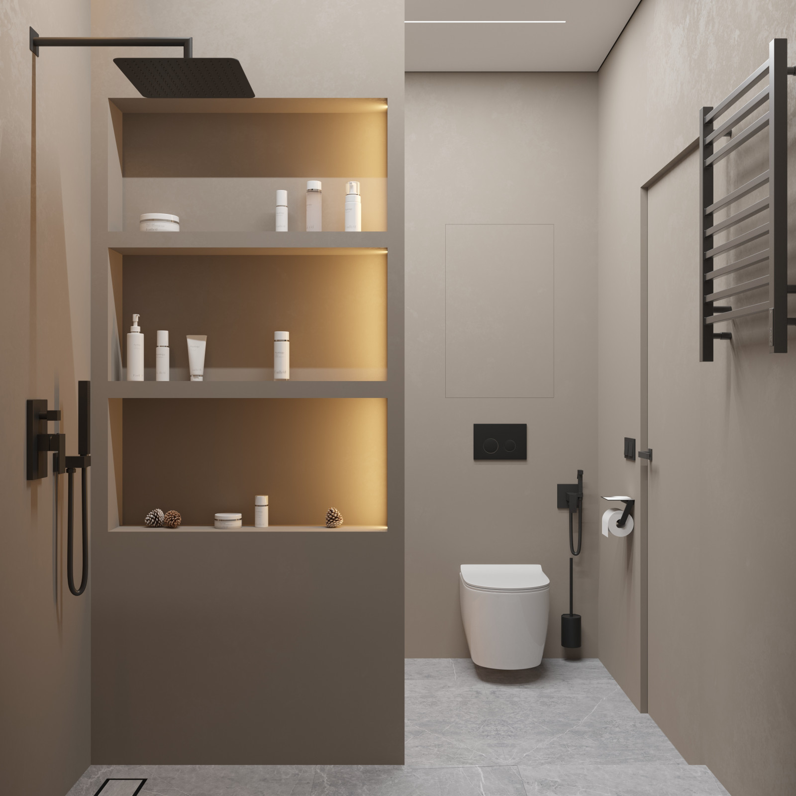 Компактная и функциональная душевая комната в микроцементе