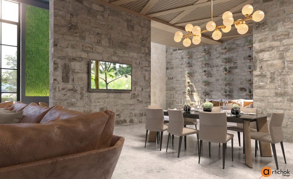 Интерьер гостиной-столовой в натуральных коричневых тонах