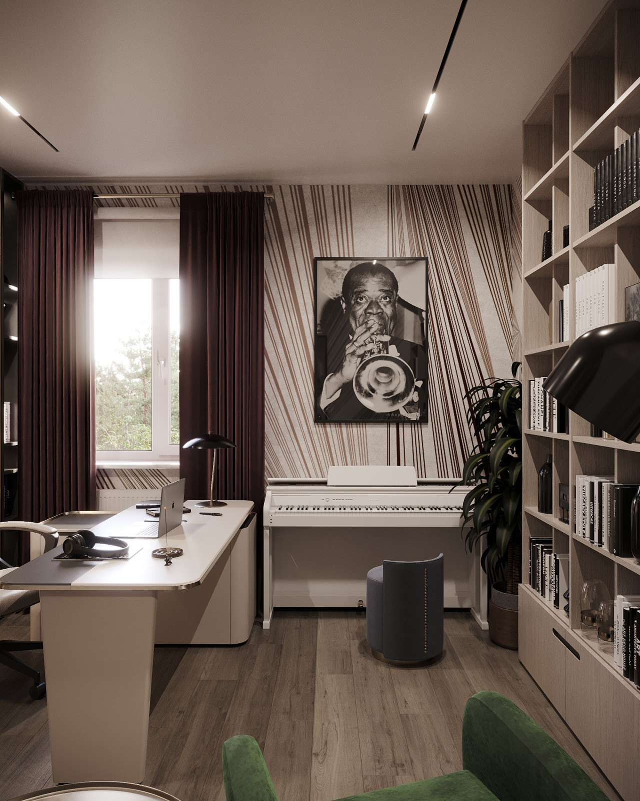 Дизайн и 3д-визуализация кабинета в загородном доме. Вариант 1.