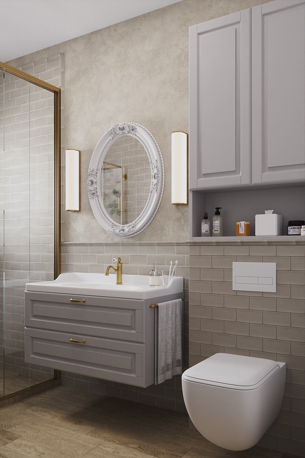 Нежная гостевая ванная комната в загородном доме.