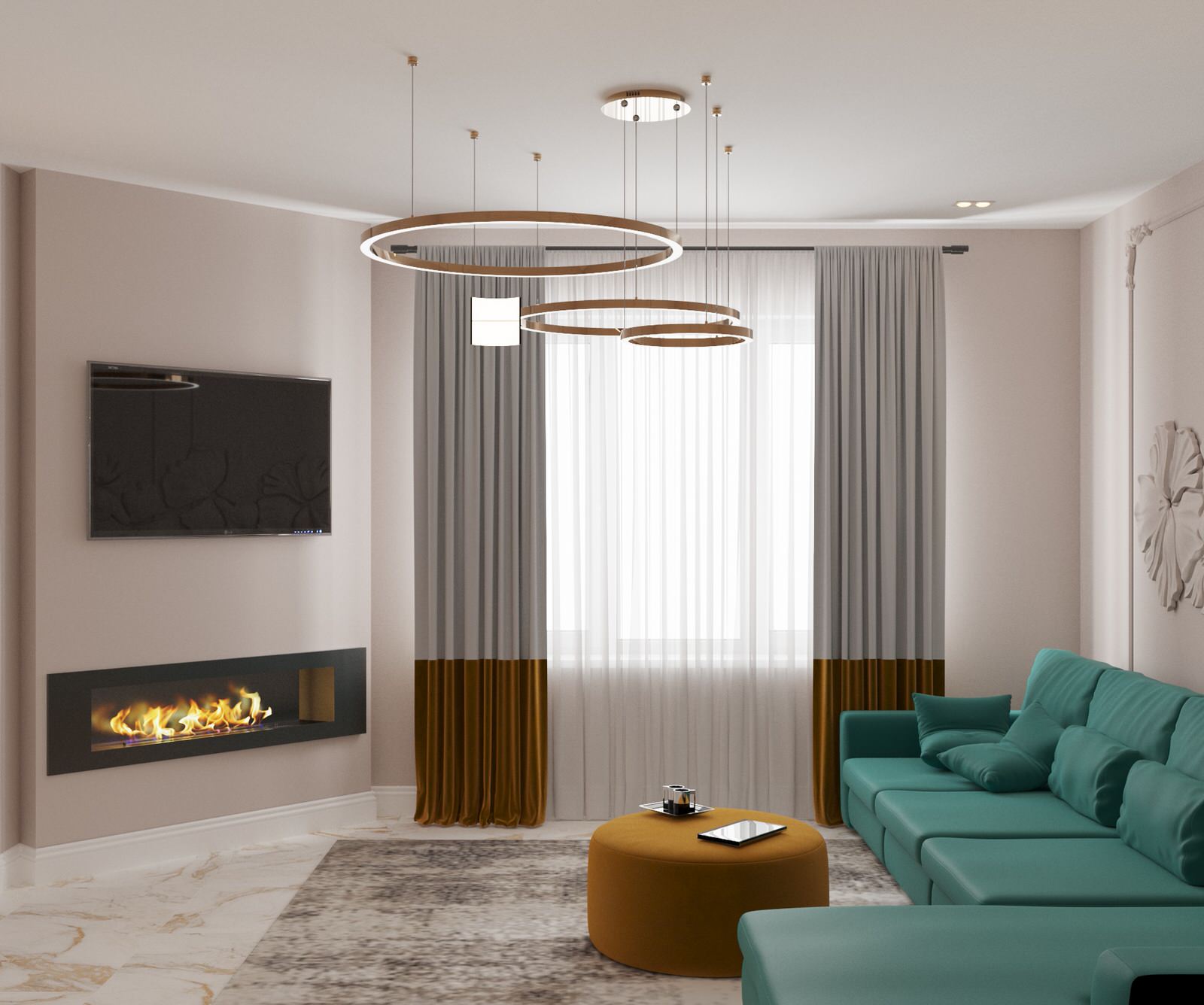 Гостиная с камином и ТВ