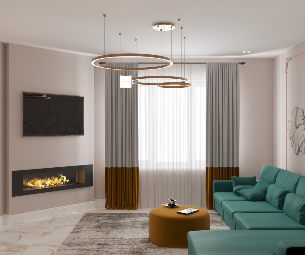 Гостиная с камином и ТВ