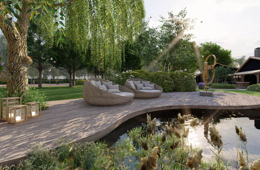 Проект участка с озером, бассейном и большой патио-зоной у дерева