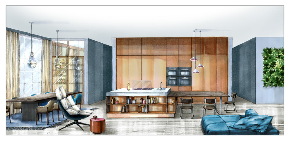 Обложка проекта: Эскиз гостиной совмещенной с кухней