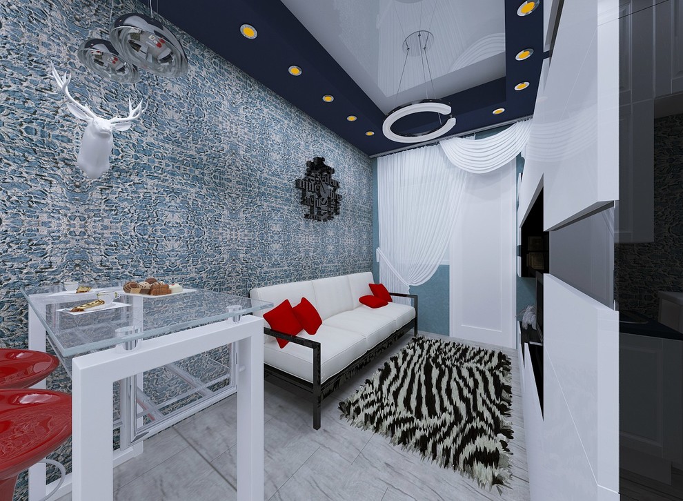 Дизайн кухни-гостиной в голубом цвете