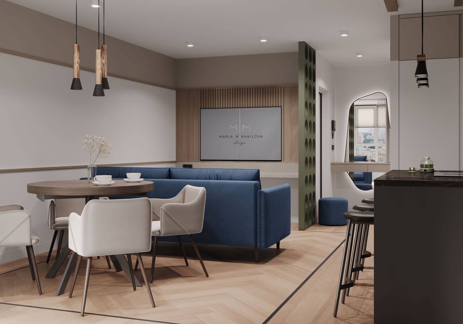 Современный интерьер с яркими акцентами и геометрическими формами