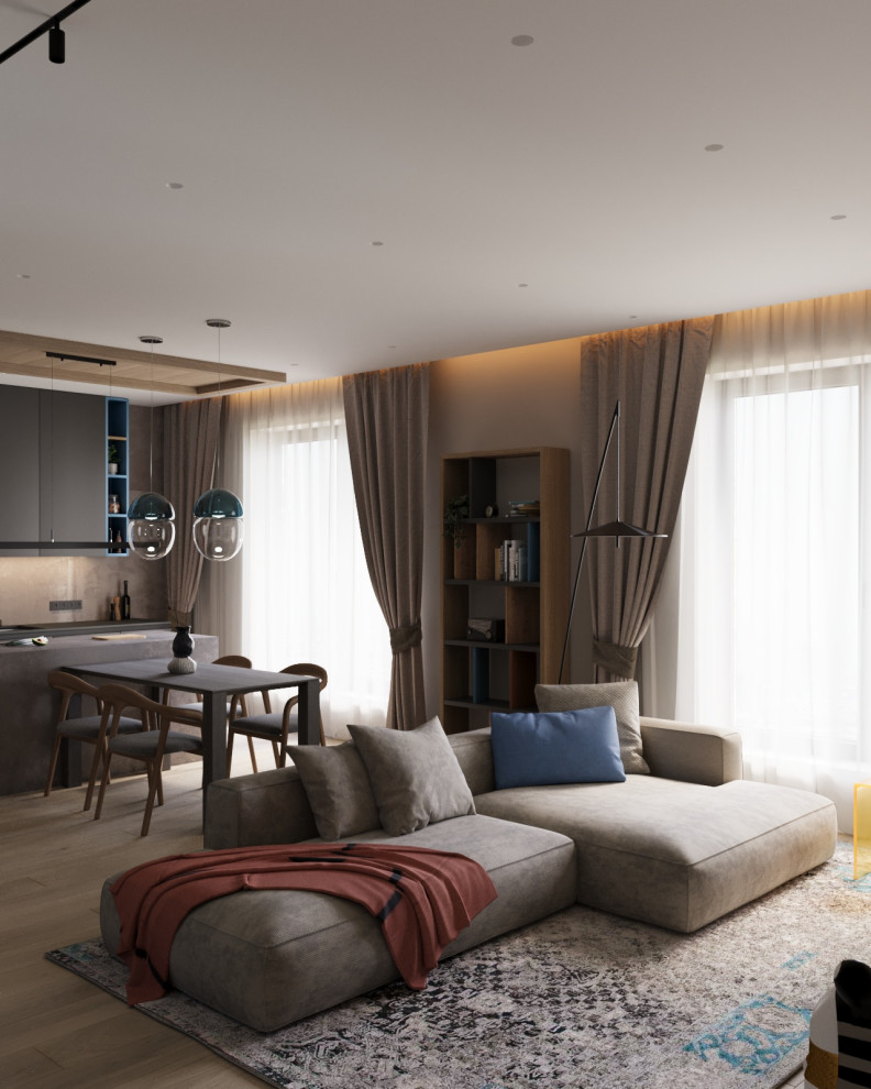 Проект двухкомнатной квартиры с объединенной кухней гостиной