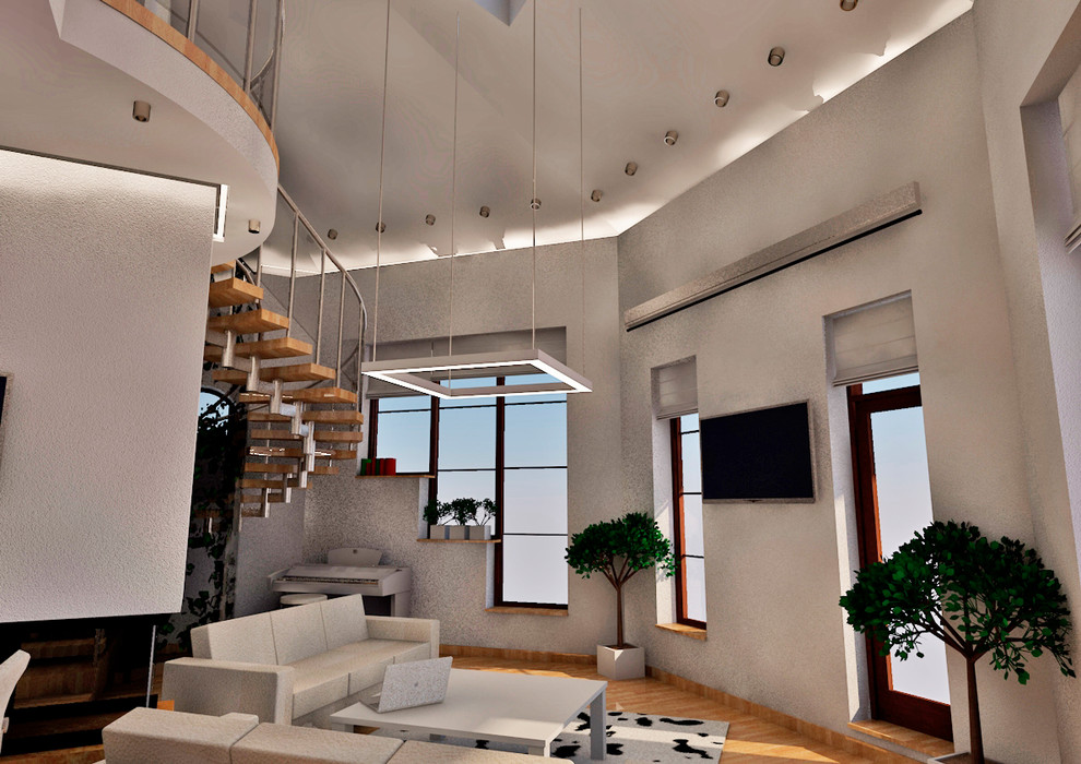 Общее пространство - прихожая, кухня, столовая, гостиная, лестница.