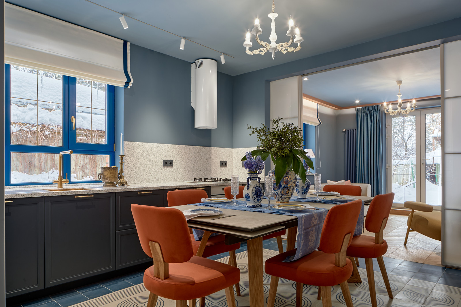 Гжель и маркетри, кухня-гостиная