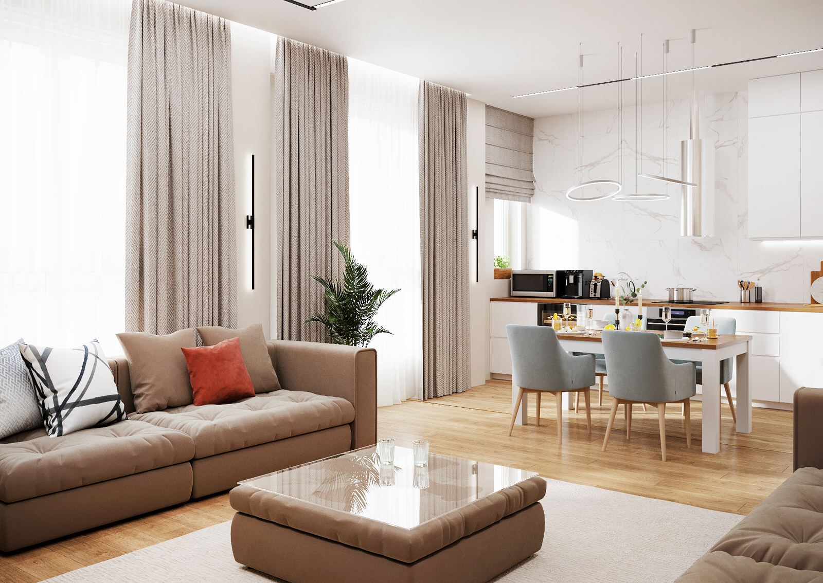 Светлая премиум квартира в современном стиле. Кухня-гостиная.