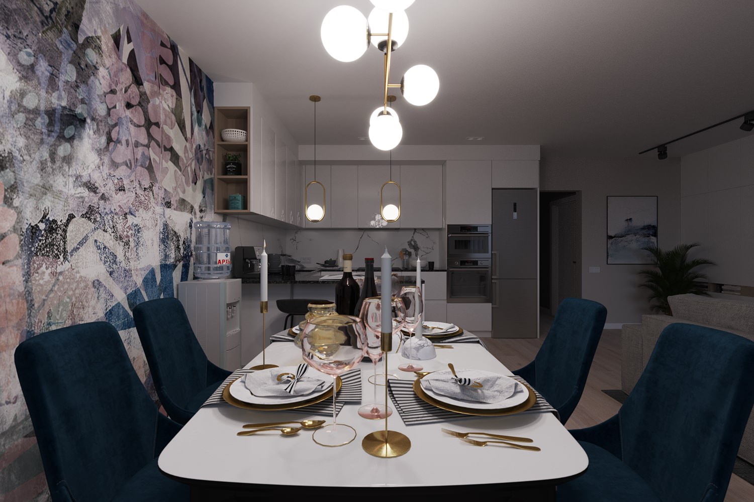 Кухня-гостиная с акцентной фреской