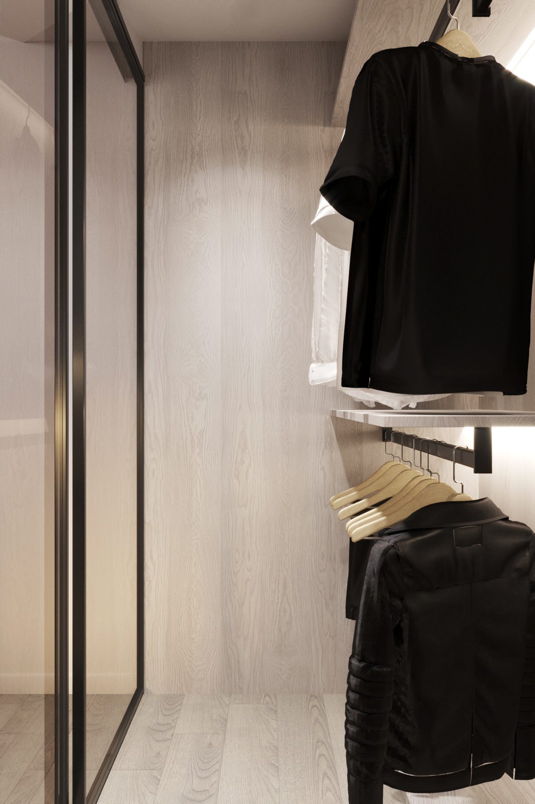 Белые интерьеры спальни и ванной комнаты