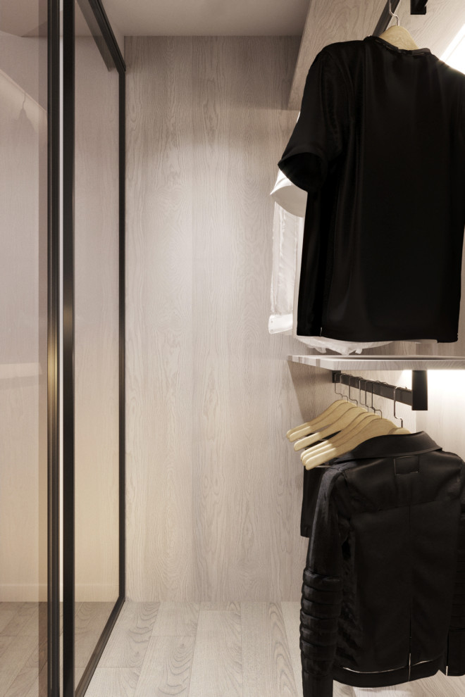 Белые интерьеры спальни и ванной комнаты