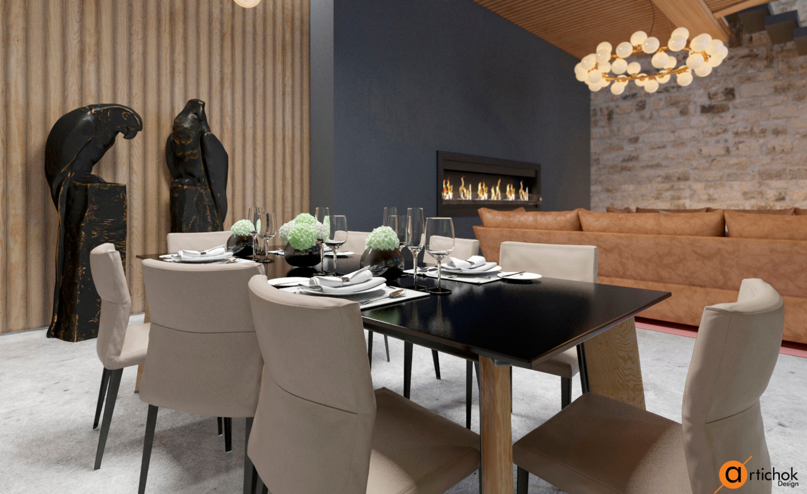 Дизайн столовой с камином – идеи дизайна коттеджа