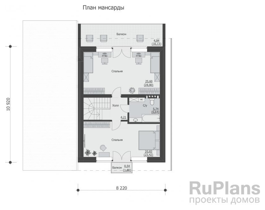 Обложка проекта: Rg5884 - Одноэтажный дом с мансардой, гаражом, террасой и балконами