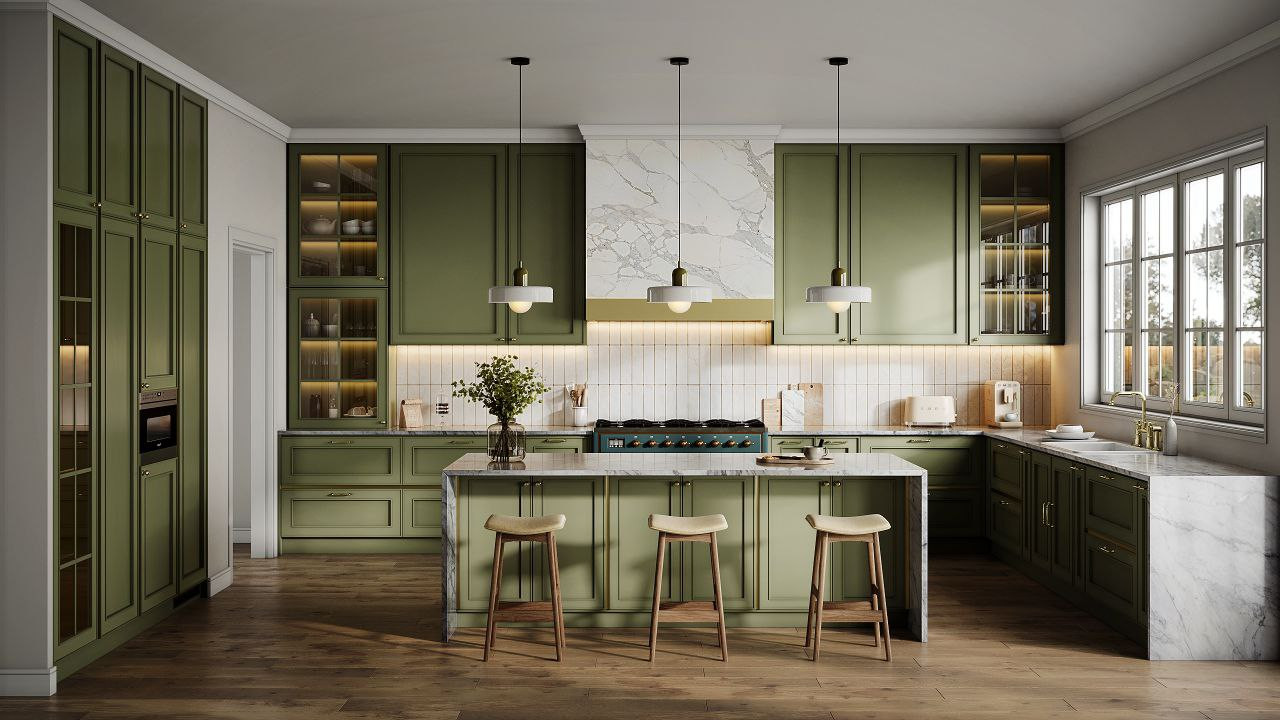 Обложка проекта: Modern Green Kitchen 3D rendering