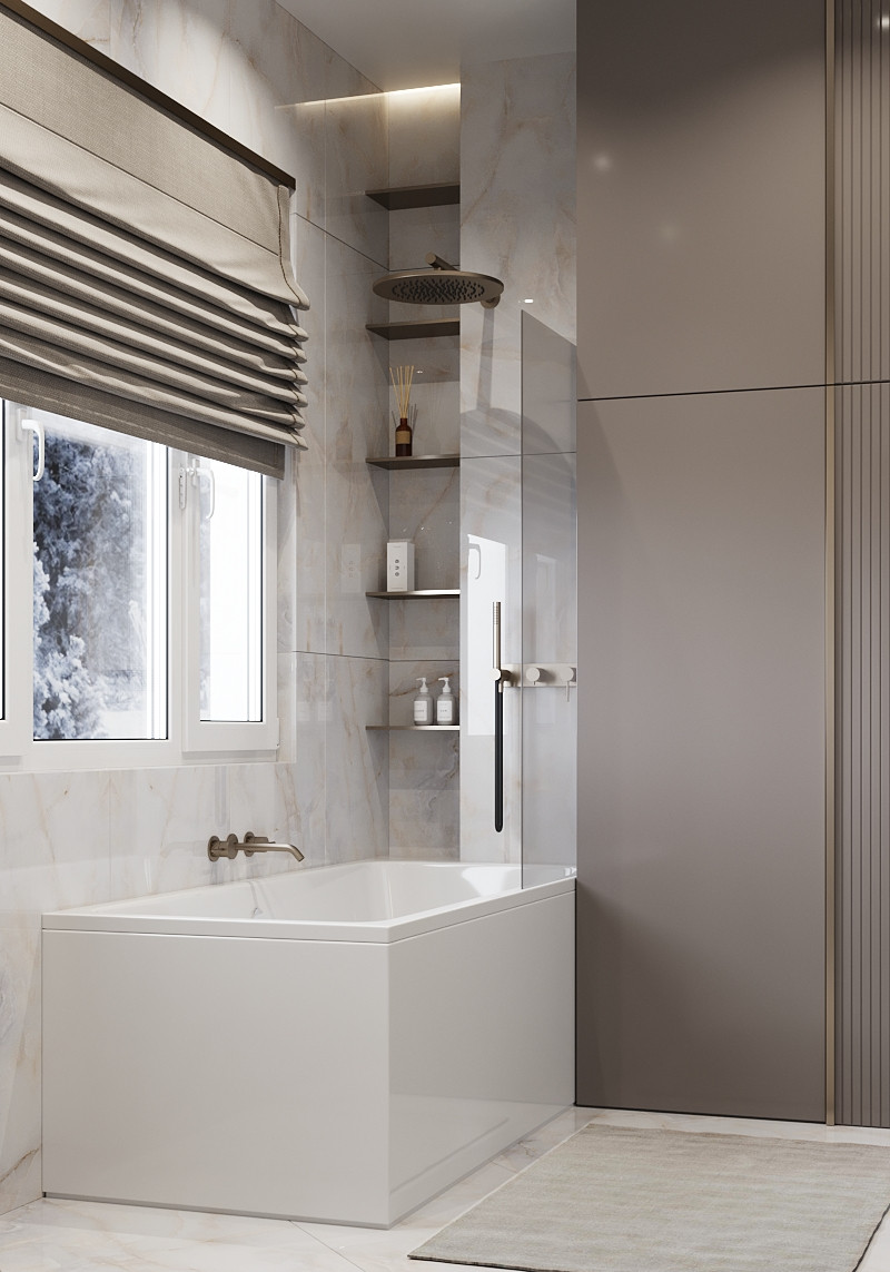 Дизайн интерьера ванной комнаты для проекта дома в поселке Европейском