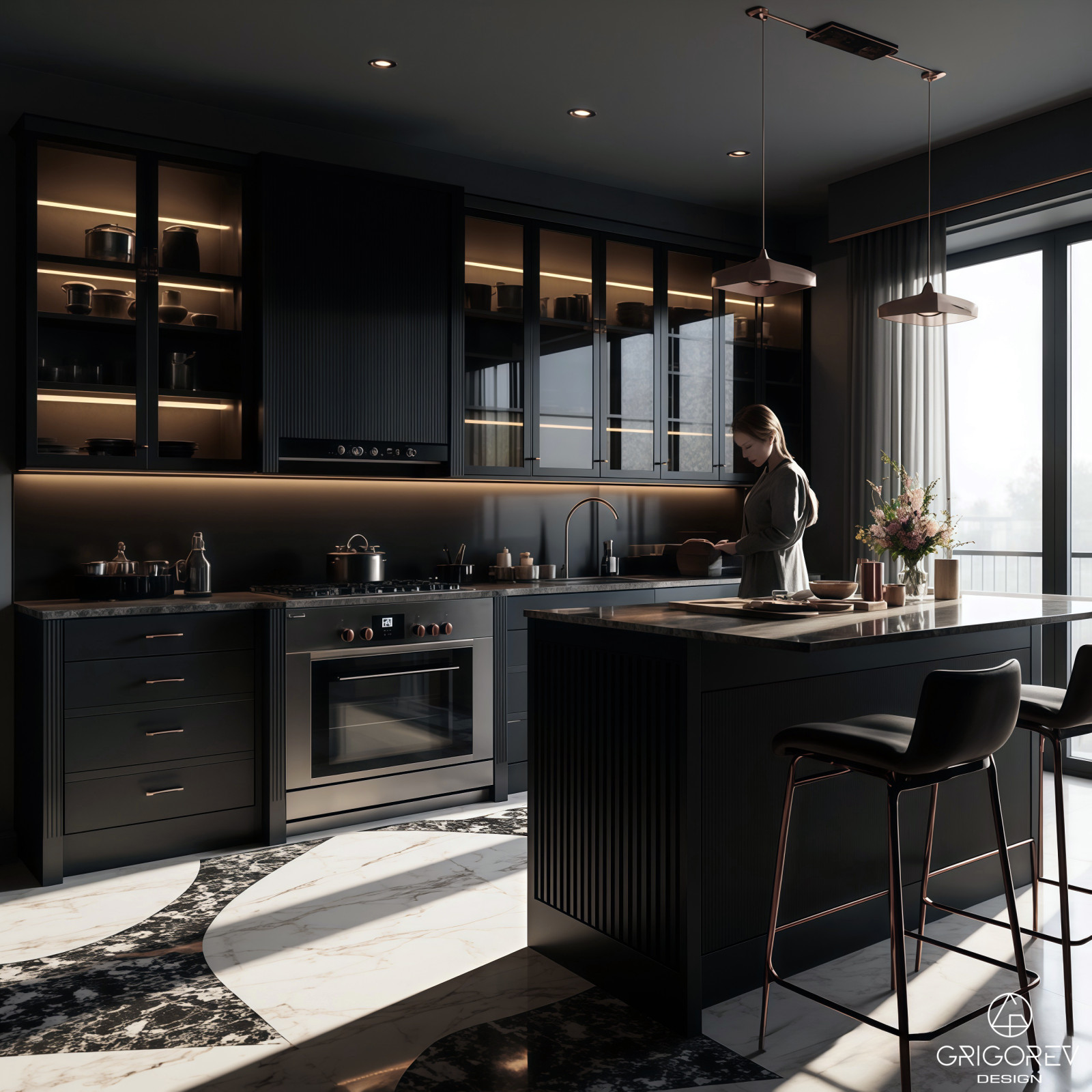 Обложка проекта: Черная кухня со светлым полом