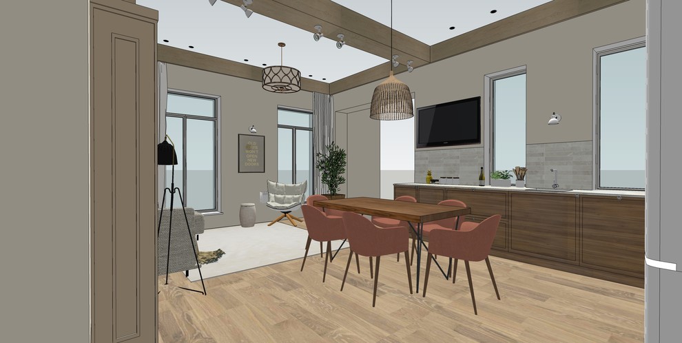 Деревянные балки в современной кухне-гостиной