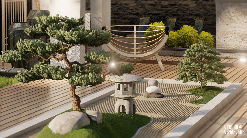 Камни, вода, гравий и растения расположены так, что создают миниатюрный ландшафт