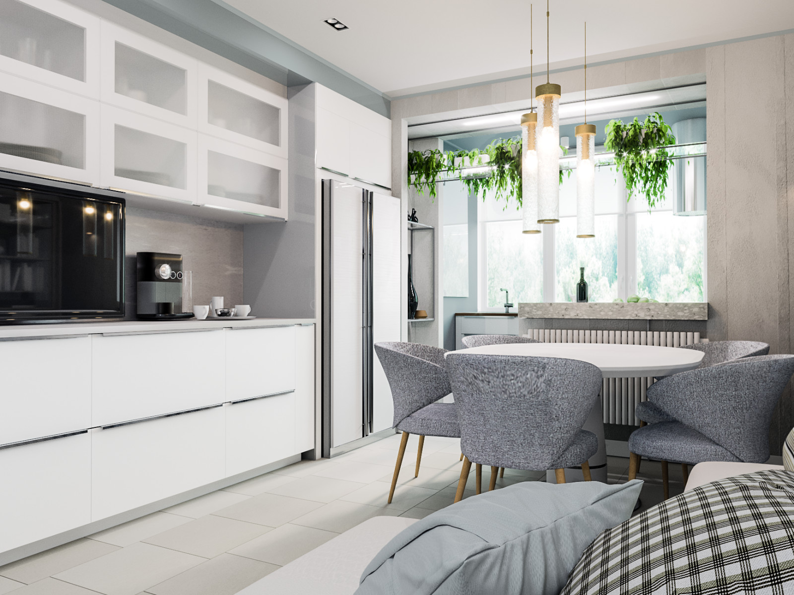 Обложка проекта: Soft-minimal кухня-гостиная с панорамным остеклением