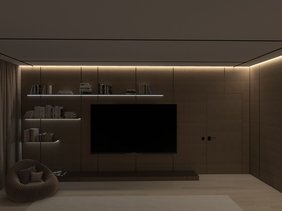 Мастер-блок с собственным гардеробом, необычным полками для книг и ковром на всю