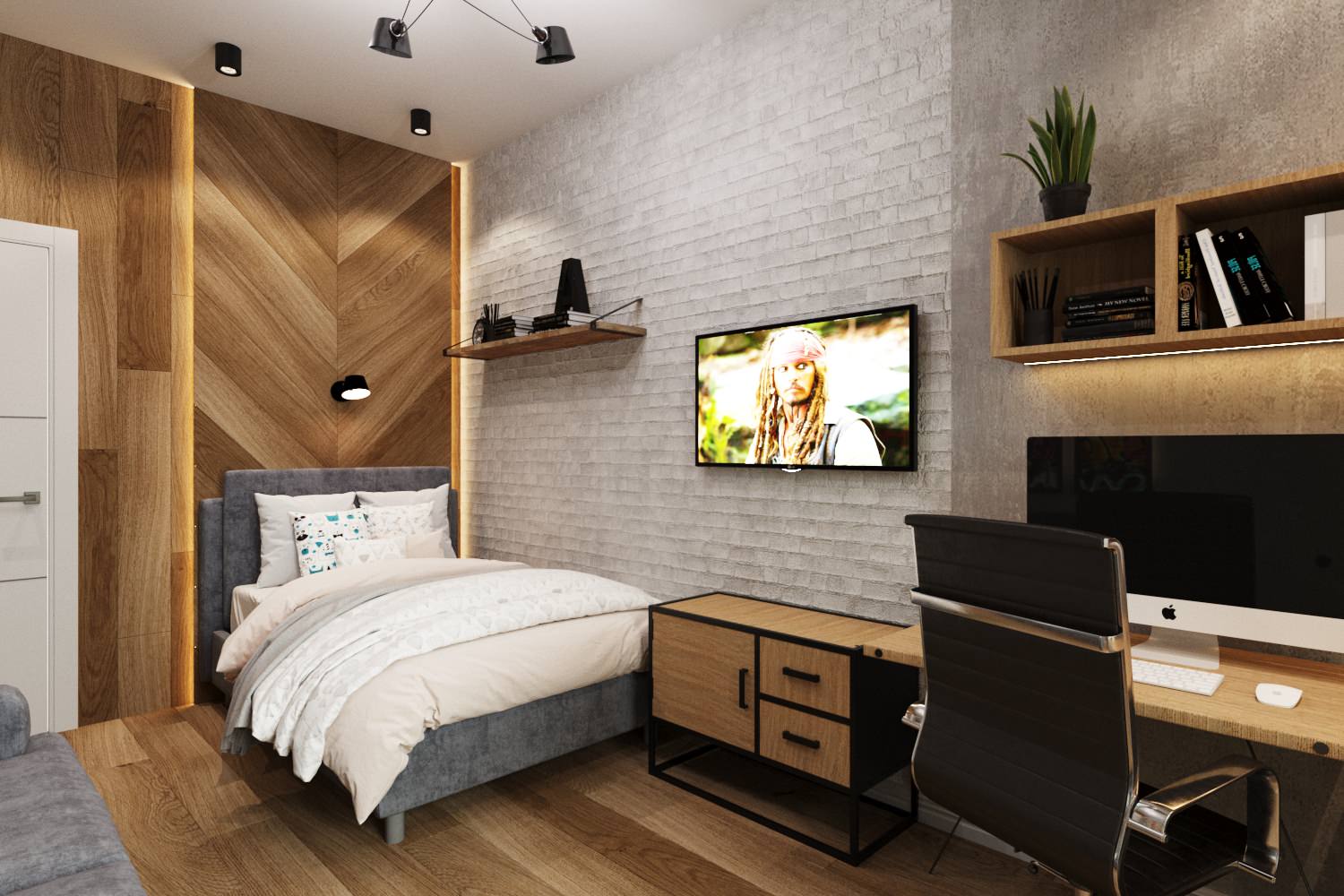 Обложка проекта: Комната подростка. Ламинат с переходом на стену.