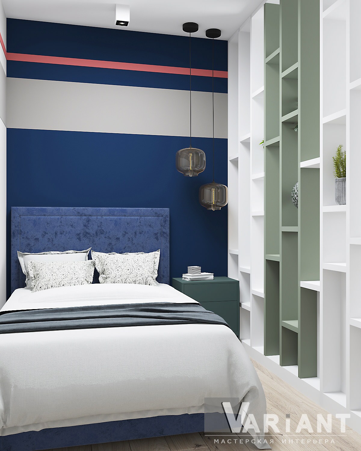 Гостиная с синим диваном и кроватью