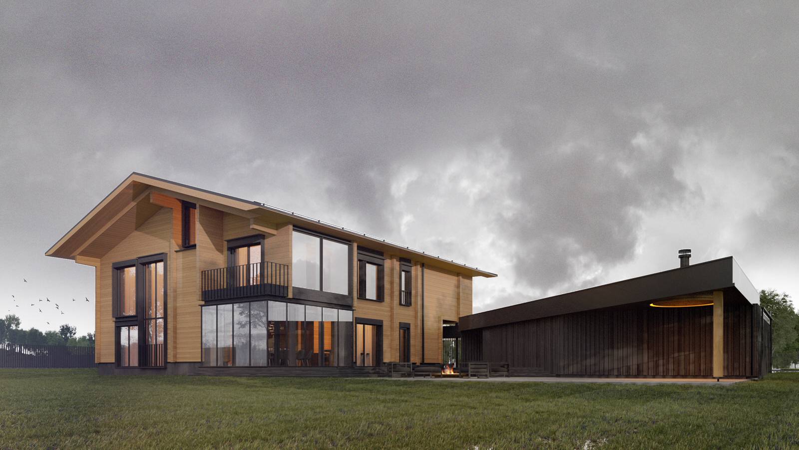 Индивидуальный жилой комплекс из дерева, камня и стекла / 650 м.кв