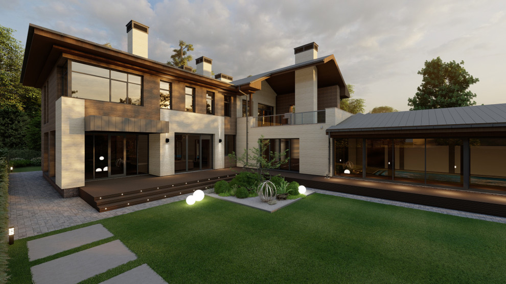 Дом с бассейном и верандой с камином