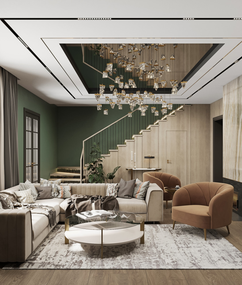 Просторная гостиная с акцентным потолком