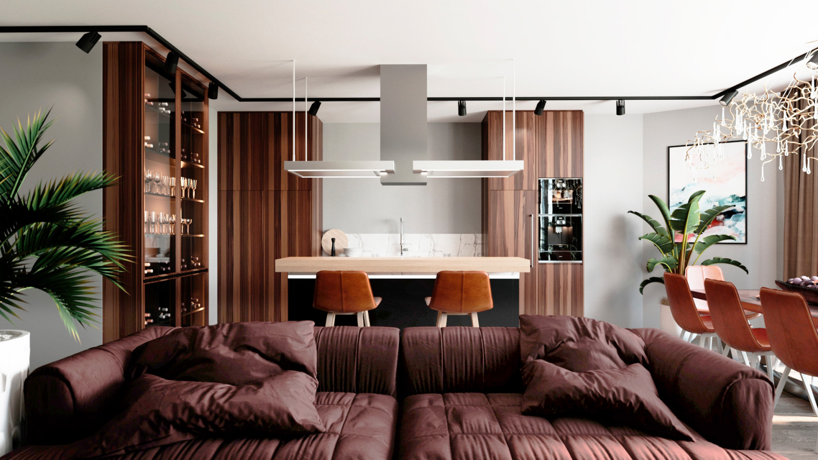 Современная Кухня-гостиная в природных тонах и фактурах