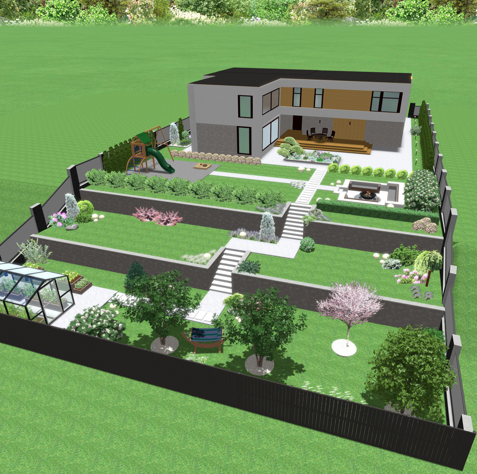 Проект участка с вертикальной планировкой. Подпорные стенки и перепады высот.