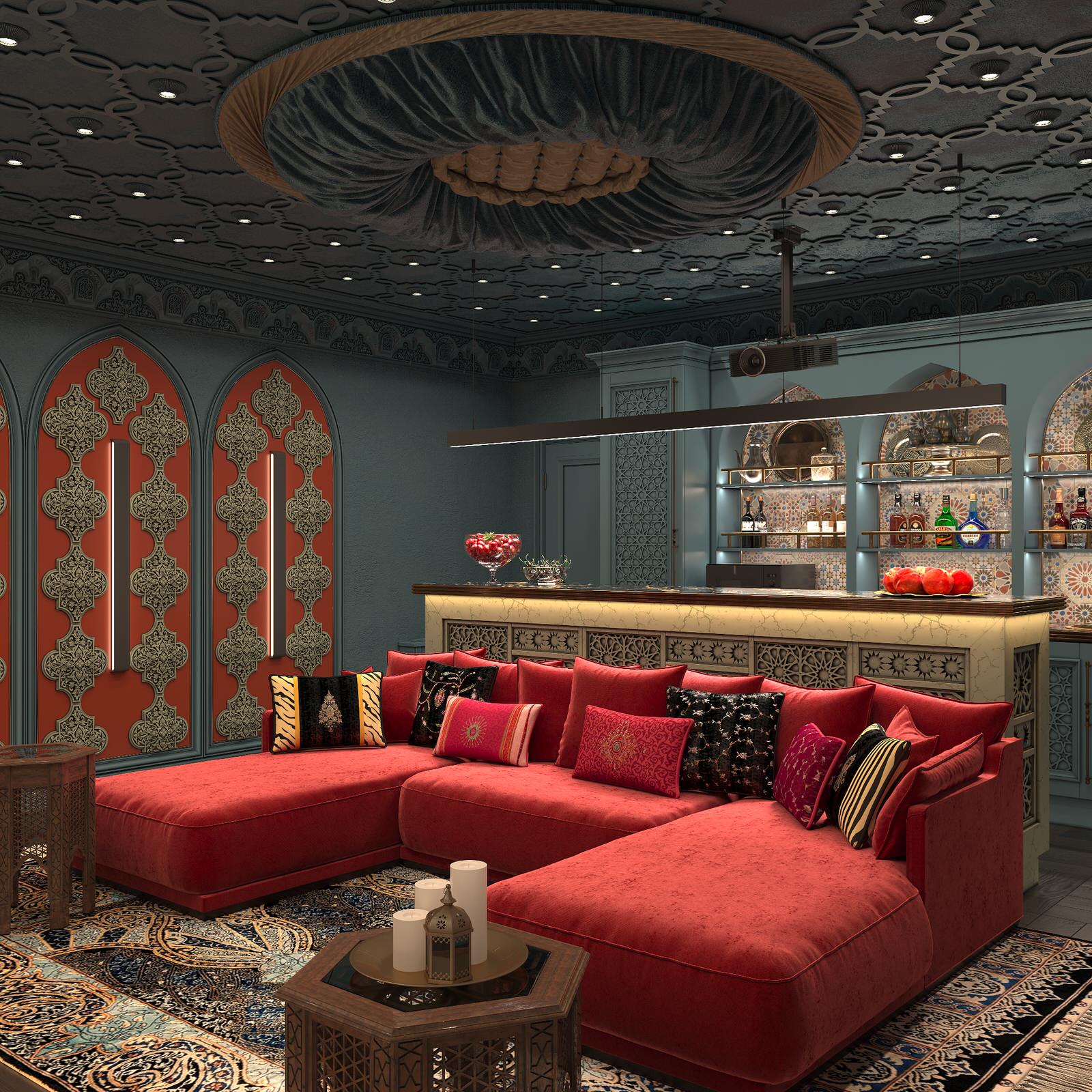 Интерьер Кинозала в цокольном этаже загородного дома в Восточном стиле