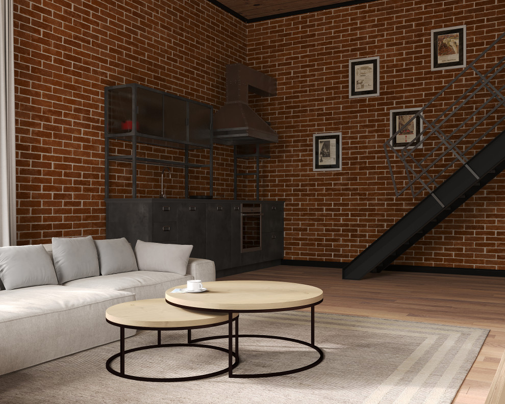 Визуализация гостиной-кухни в стиле лофт