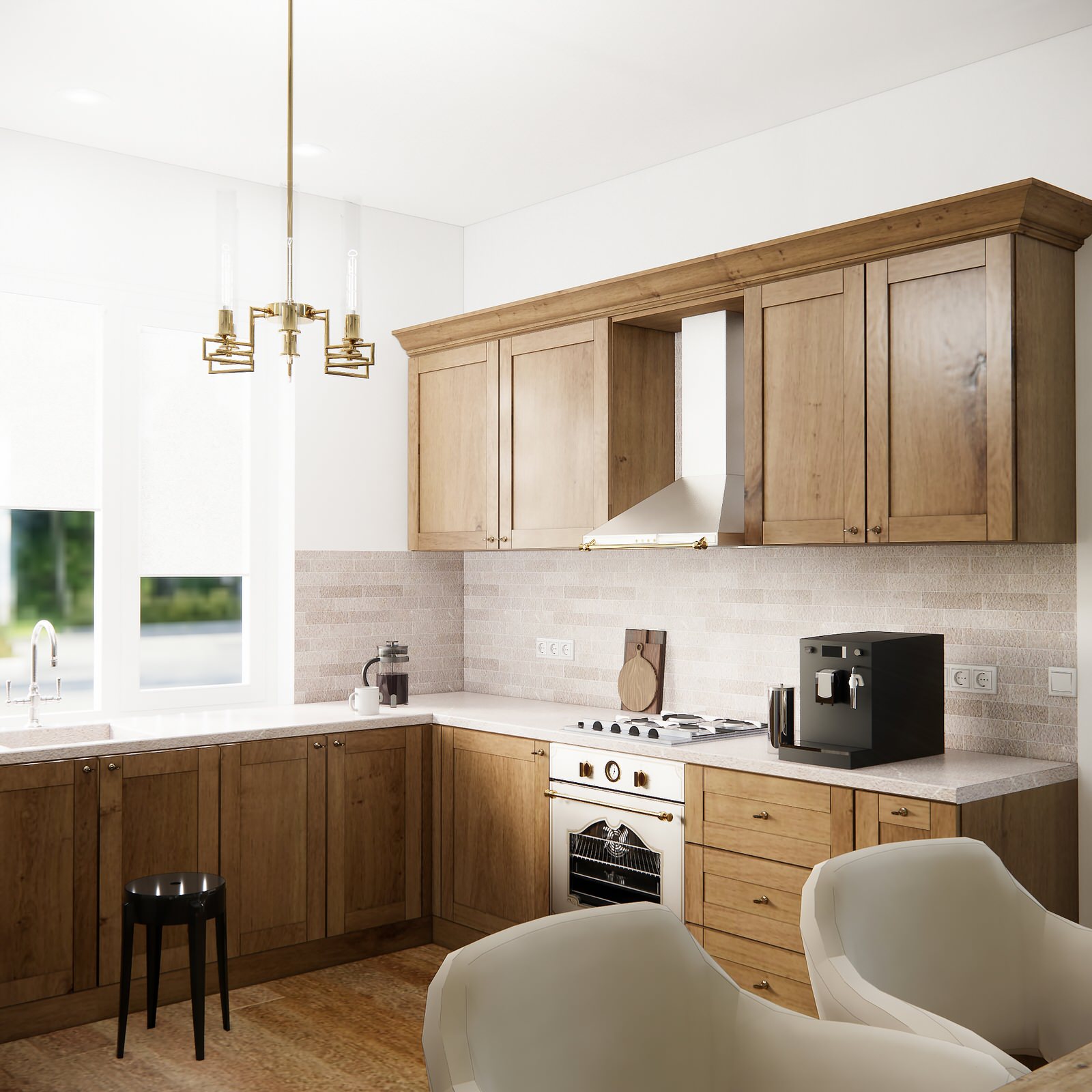 Дом в немецком стиле: кухня и гостиная с камином и лестницей