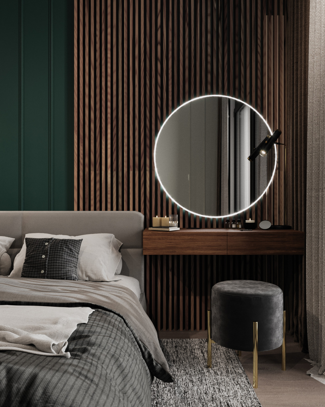 Дизайн спальни с изумрудным цветом и гардеробной комнаты