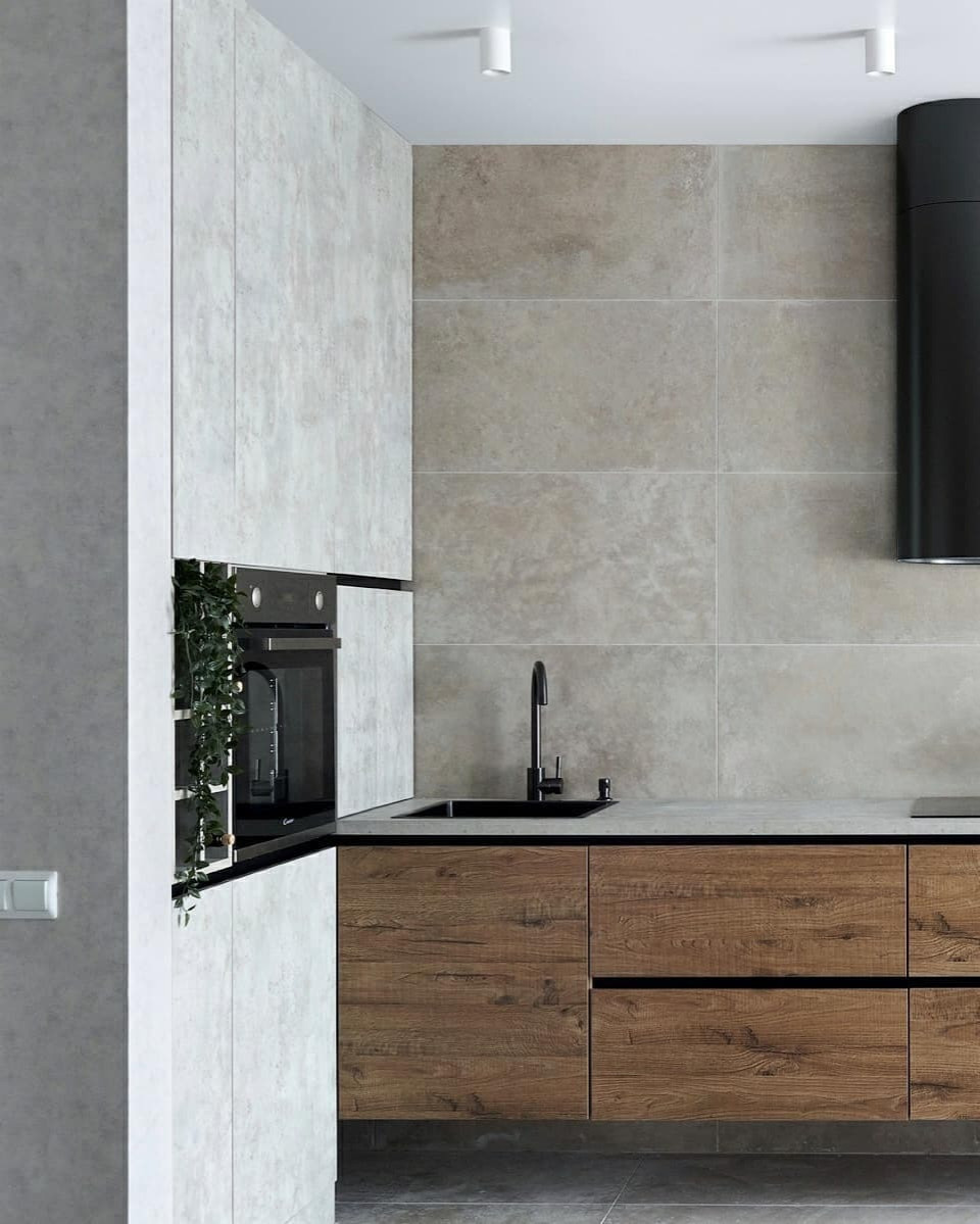 Дизайнерская навесная угловая кухня в стиле лофт