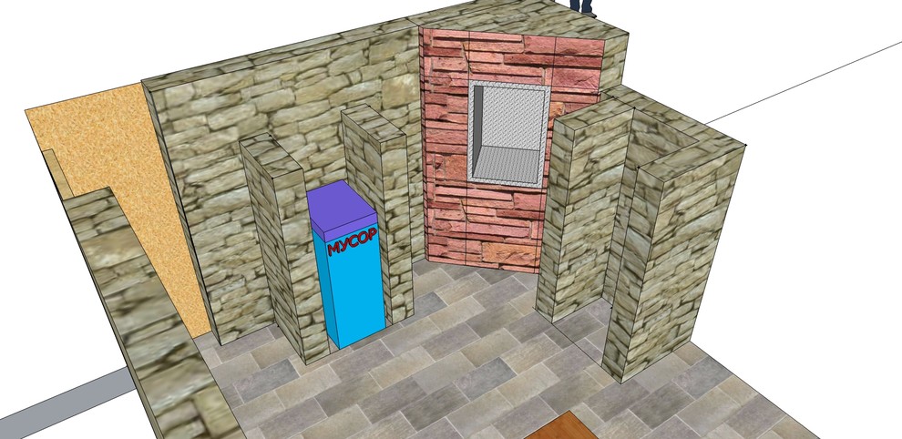 Обустройство частного двора с фасадом и элементами из сварных габионов.