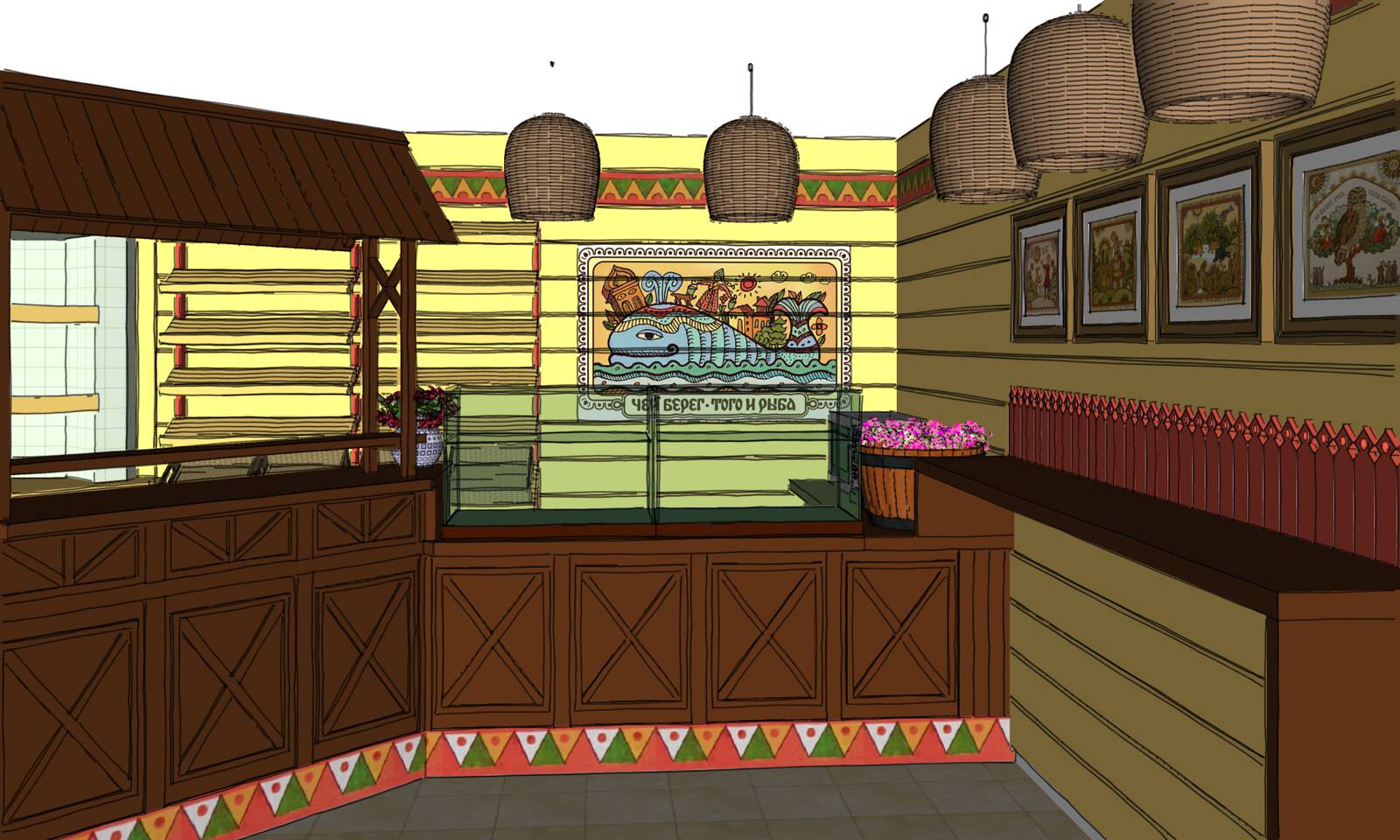 Эскиз торгового зала мини-пекарни в лубочном стиле.