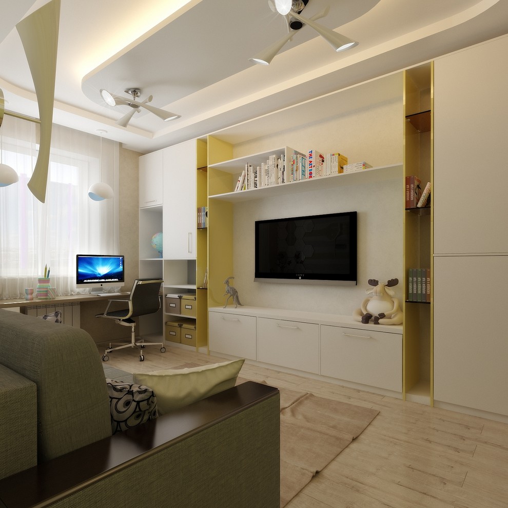 Современная квартира с большим круглым диваном