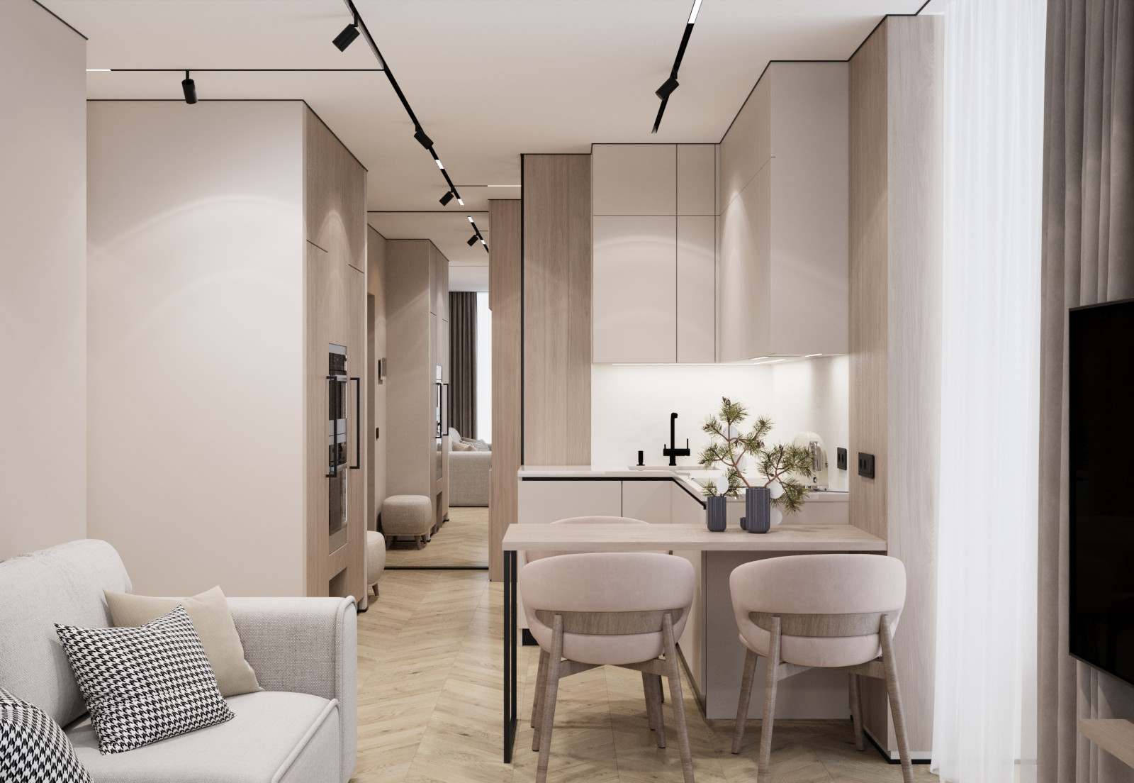 Дизайн интерьера кухни-гостиной в квартире  ЖК "Брусника"