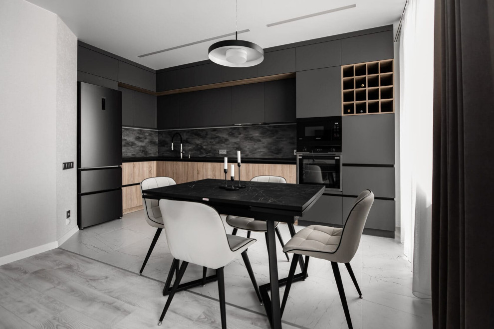 Большая угловая кухня в цвете графит с тонкой столешницей из компакт-плиты