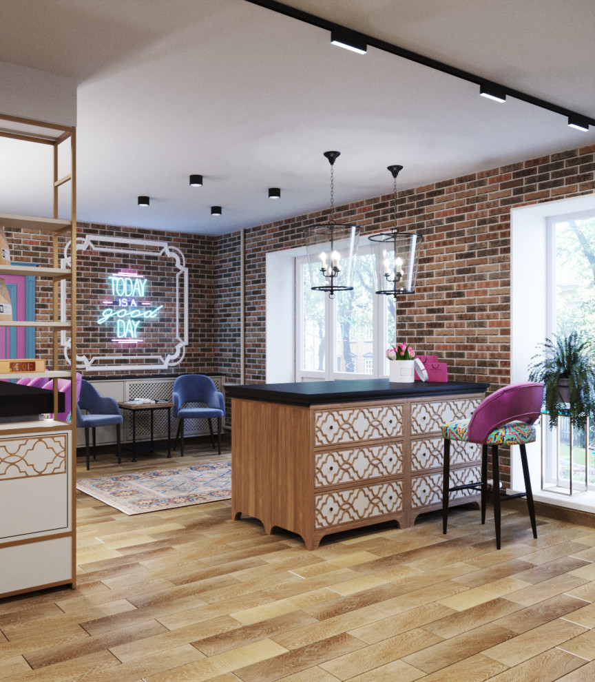 Дизайн интерьера магазина парфюмерии с зоной кафе в аутентичном стиле.