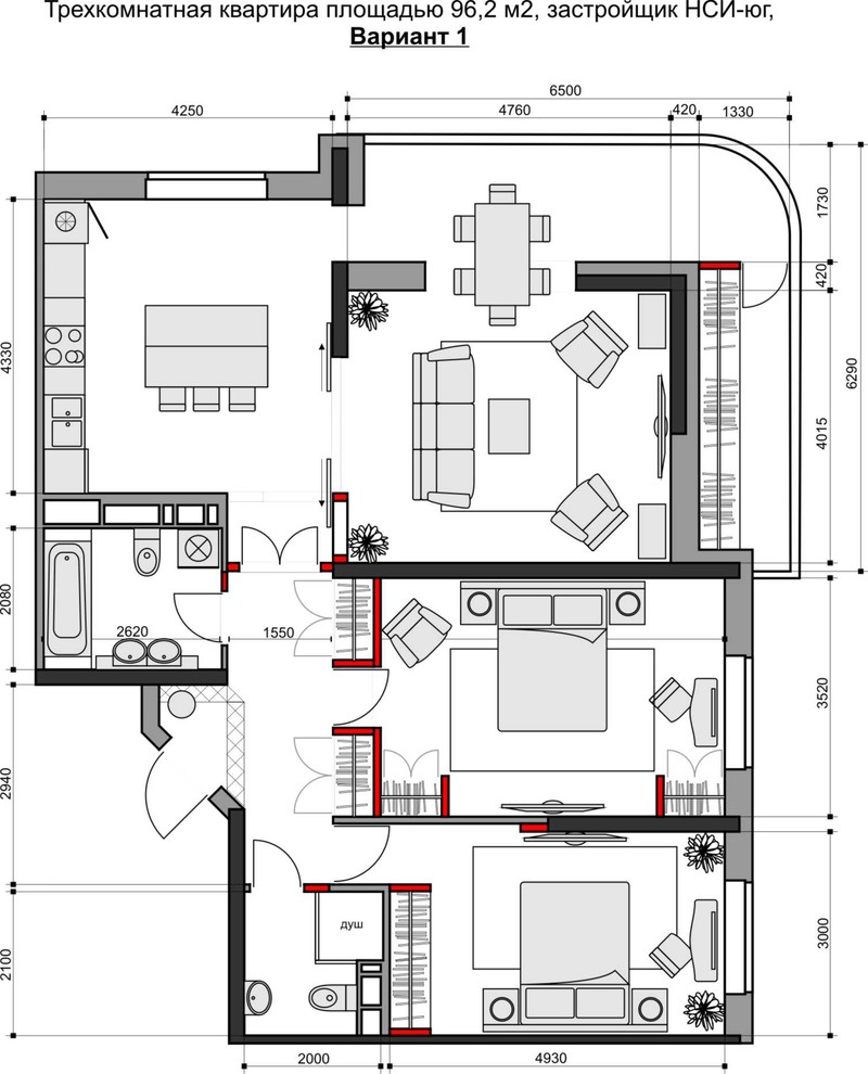 Варианты перепланировки трехкомнатной квартиры+исходный план от застройщика
