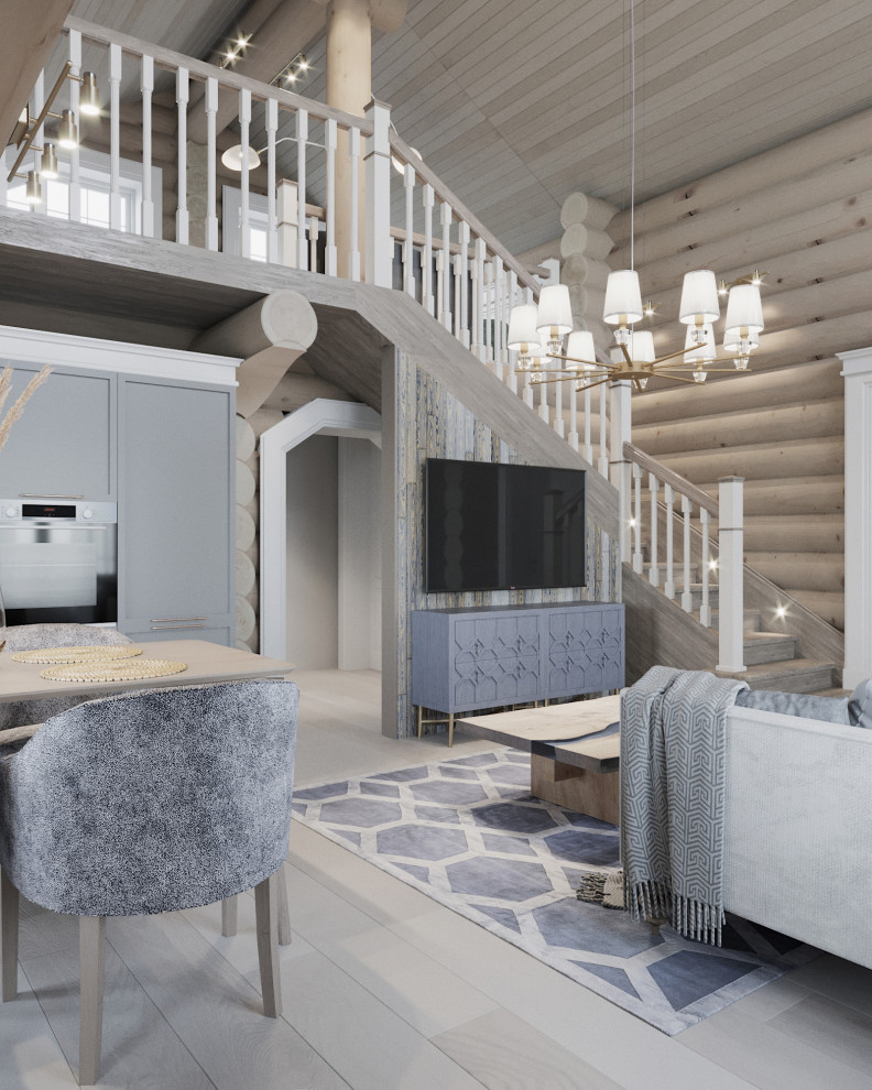 Проект интерьера загородного бревенчатого дома в стиле неоклассика