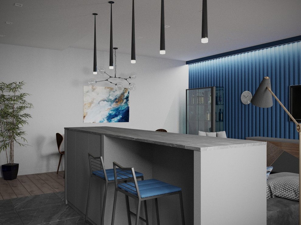 Кухня гостиная с синей стеной