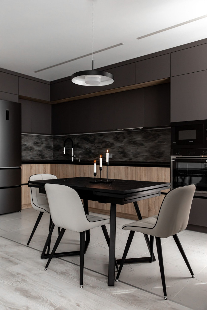 Большая угловая кухня в цвете графит с тонкой столешницей из компакт-плиты